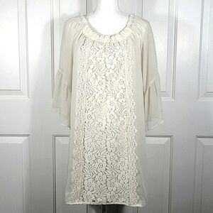 Flying Tomato Light Cream Tunic or Mini Dress Lace & Chiffon Bell Sleeve